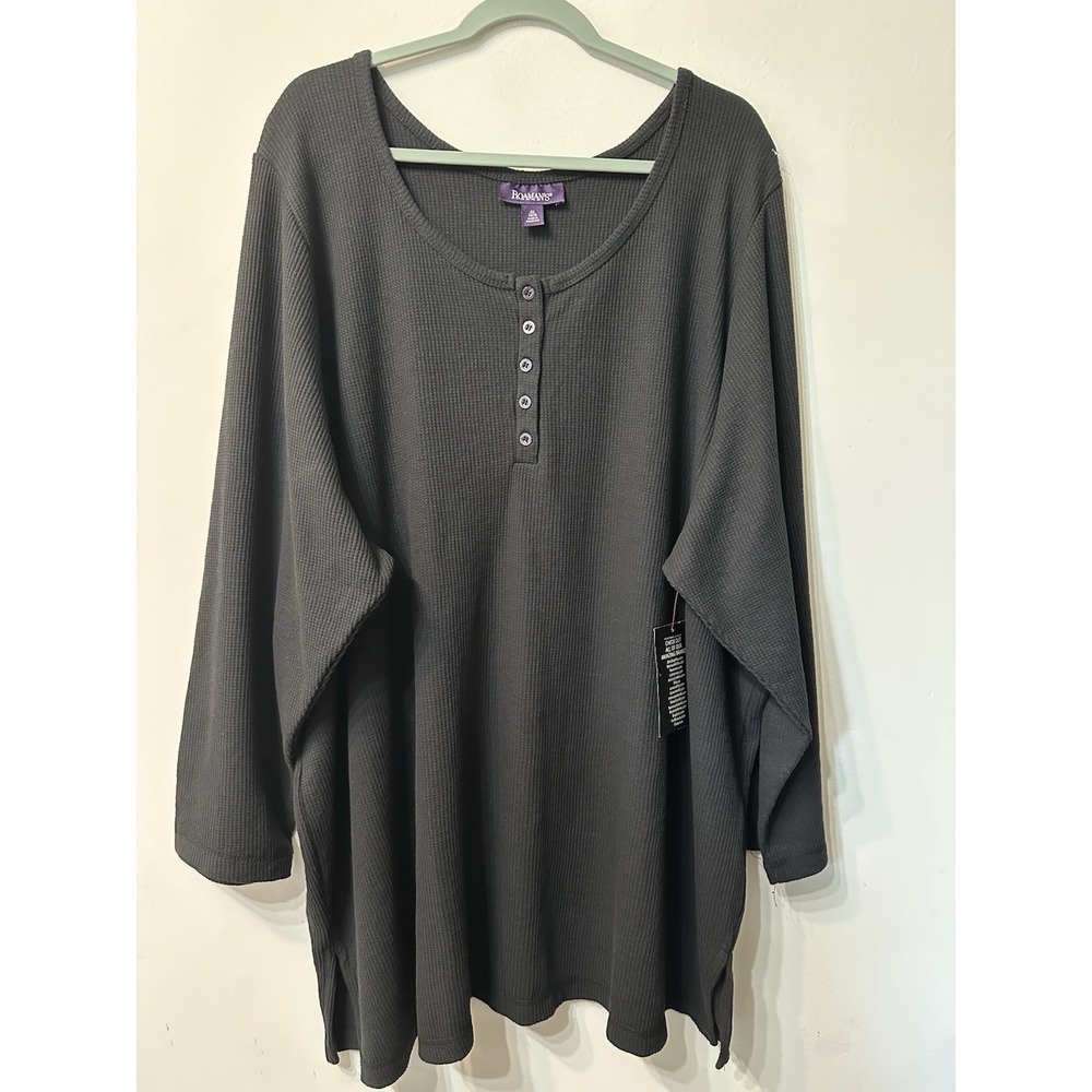 Roaman's Waffle Knit Henley Tunic Top Womens 4X 34/36 Black Thermal Long Sleeve
